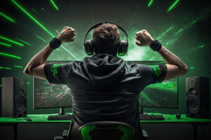 professional esports gamer back side view rejoices victory generative ai